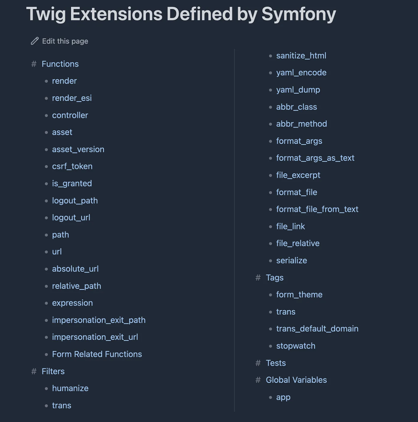 Figure 10: Twig extensions defined by Symfony